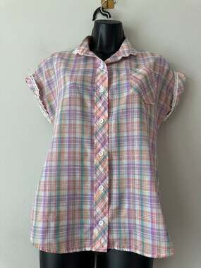 Vintage Wrangler Pastel Plaid Lace Trim Button Up Blouse Cottagecore Western M